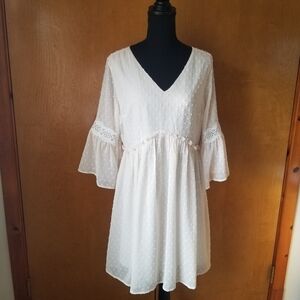 Miss Me Babydoll Dress Sheer Lined White V-neck ruffle Cottagecore